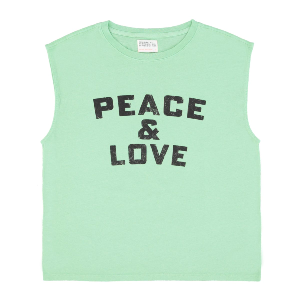Sleeveless t shirt w round neck green w peace love print sisters department a