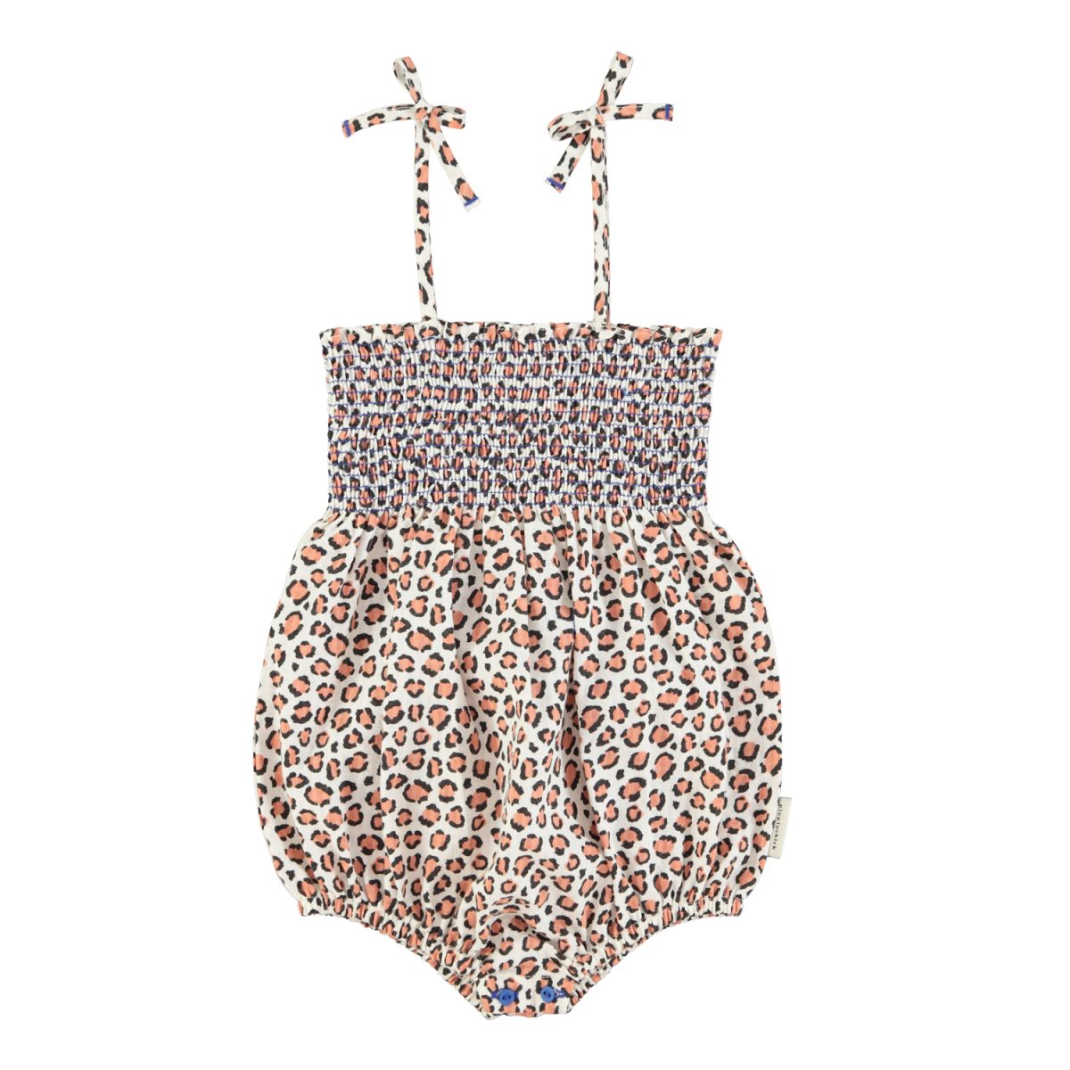 baby romper detailed with smoked fit on the chest. Elasticated wrist. Blue buttons on the crotch. 2