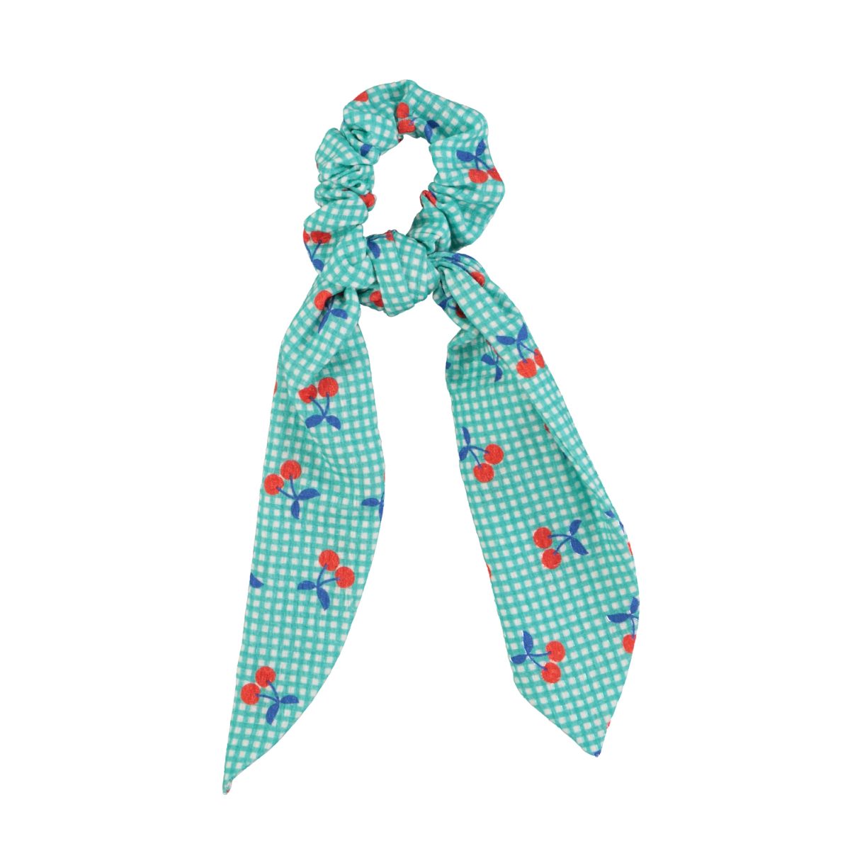 scrunchie turquoise white checkered w cherries 1