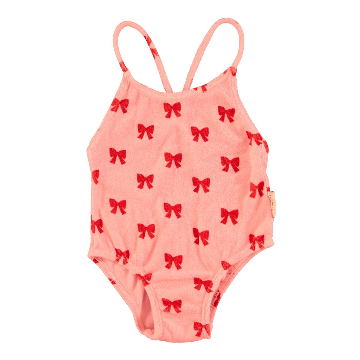 swimsuit w crossed straps pink w red bows 1