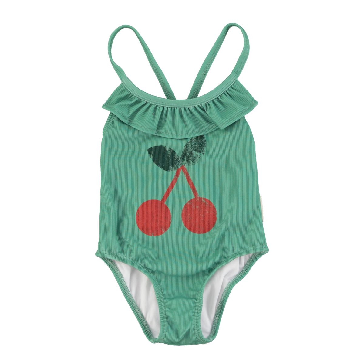 swimsuit w ruffles green w cherry print 1