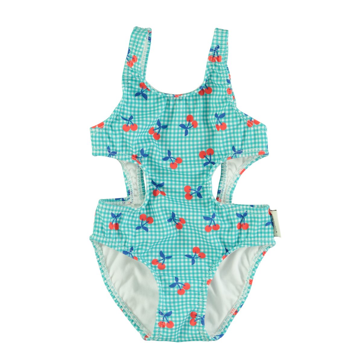 trikini turquoise white checkered w cherries 1